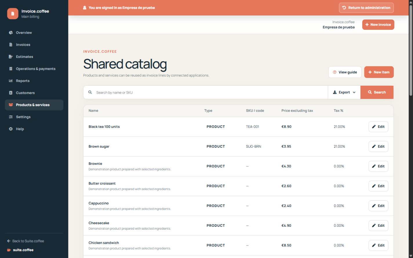Catalogue d'Invoice avec produits et services, références, prix, taxes et statuts.