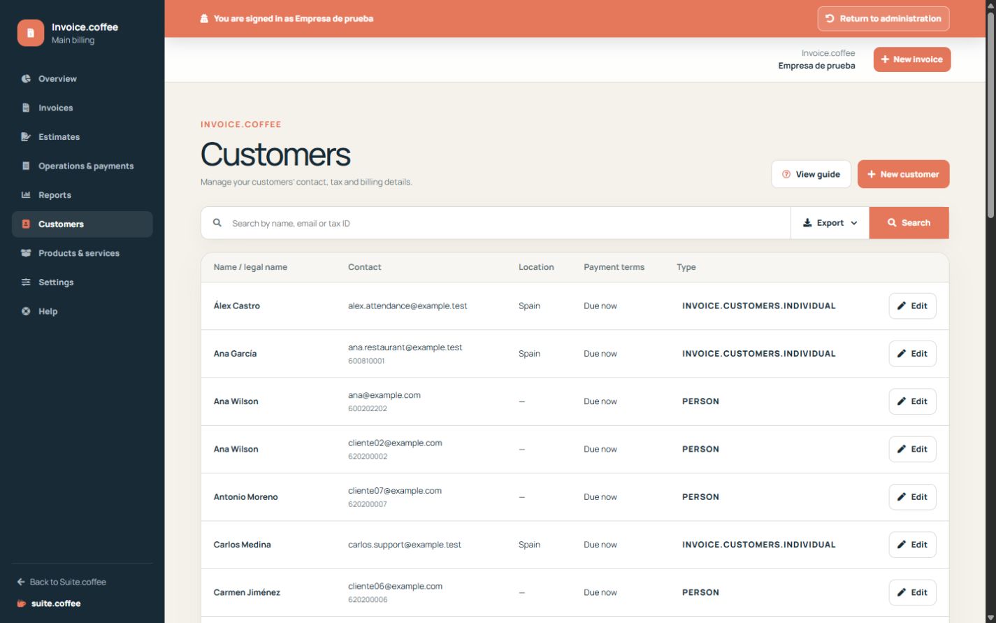 Liste des clients d'Invoice avec identité fiscale, coordonnées et informations de facturation.