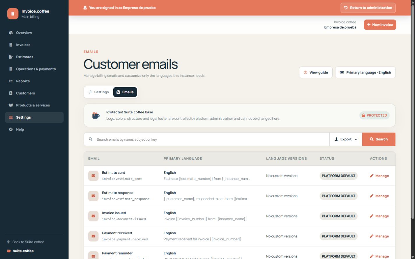 Liste des modèles d’e-mails de facturation avec la langue principale et le statut de personnalisation.