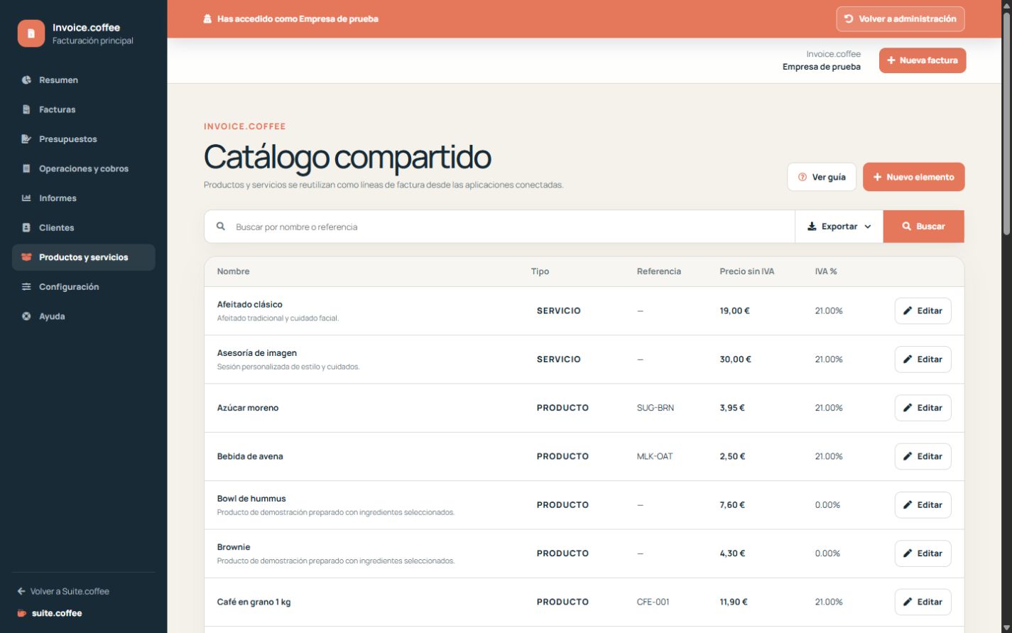 Catálogo de Invoice con productos, referencias, precios, impuestos y estado.