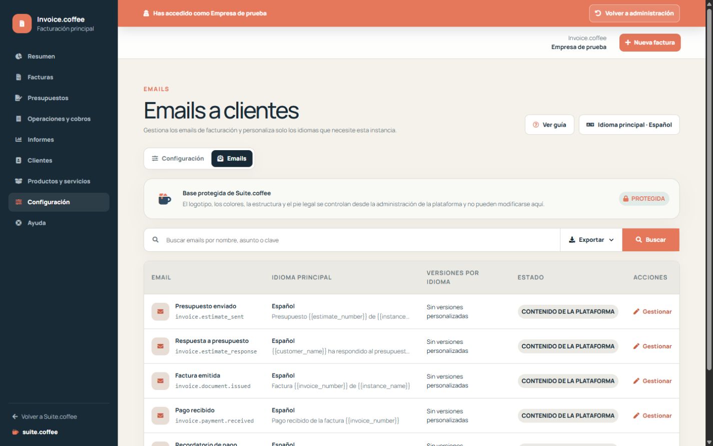 Listado de emails de Invoice con idioma principal y personalización.