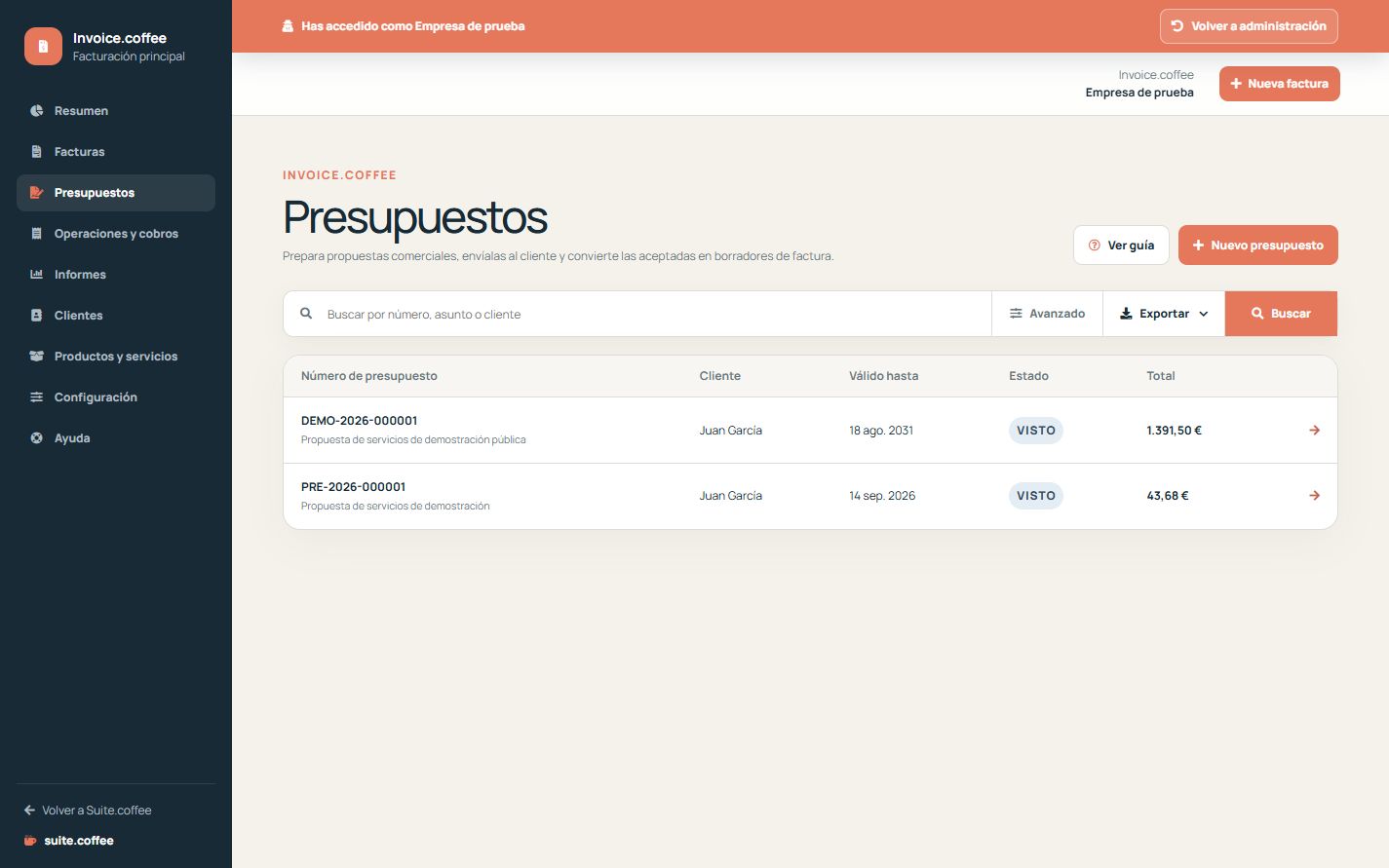 Listado de presupuestos de Invoice con cliente, validez, importe y estado.
