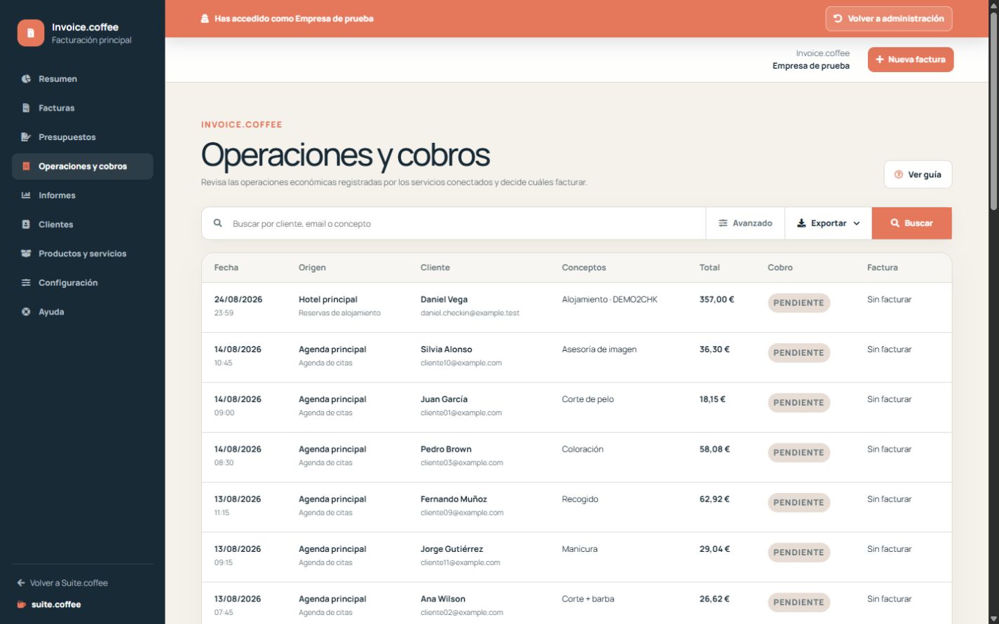 Operaciones conectadas de Invoice con origen, cliente, importe y estado.