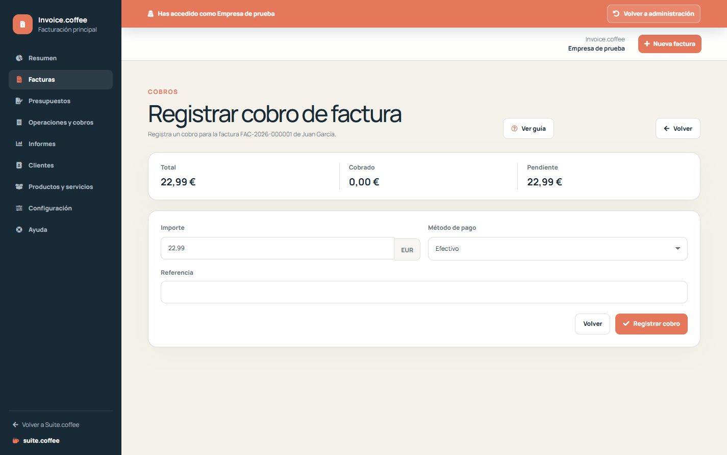 Formulario de cobro manual de Invoice con saldo, fecha, método y referencia.