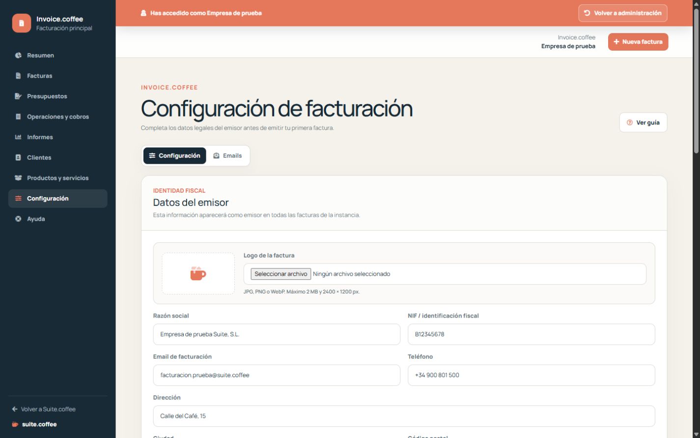 Configuración de Invoice con emisor, región y valores documentales.