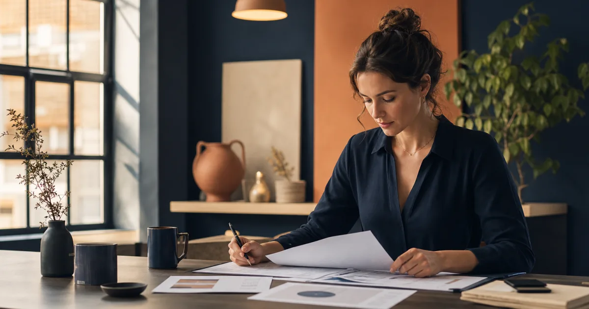 Small business owner reviewing completed services, invoices and payment records before month-end